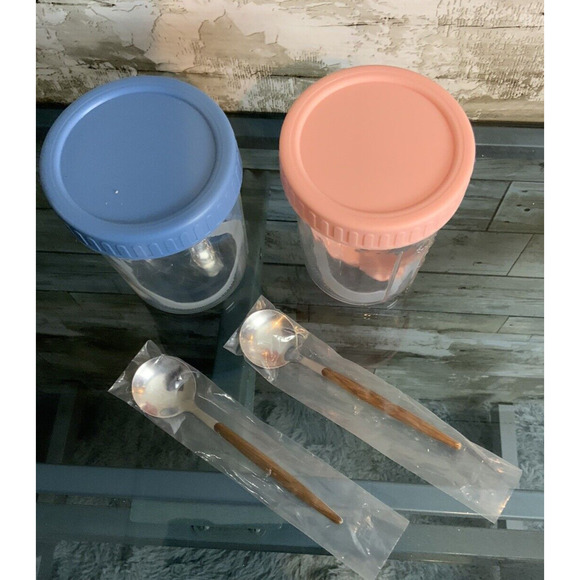 Glass Overnight Oats 2 pk Containers with Spoons Glass Jars Plastic Screwtop Lid - Picture 2 of 2